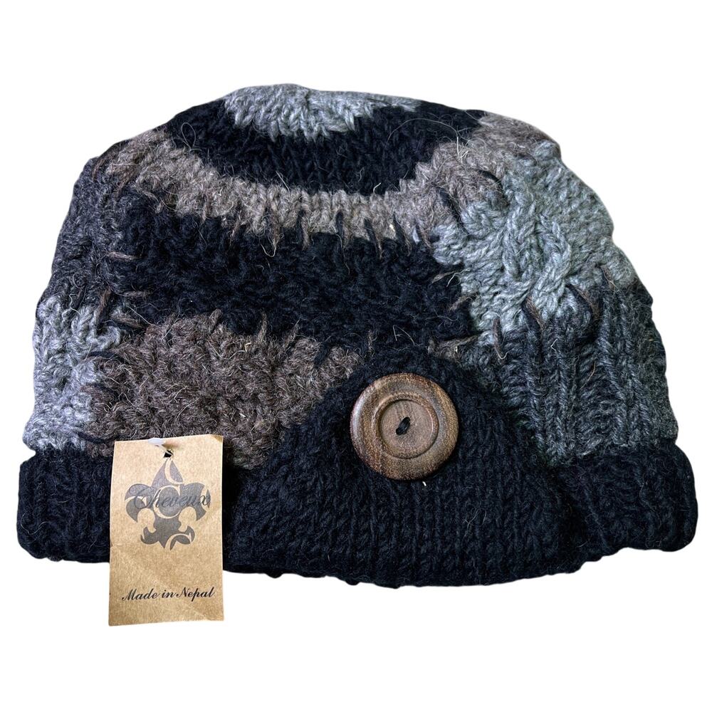 Nepali Wool Beanie Hat Black Gray Brown Patchwork Knit Button Up Earflaps Lined